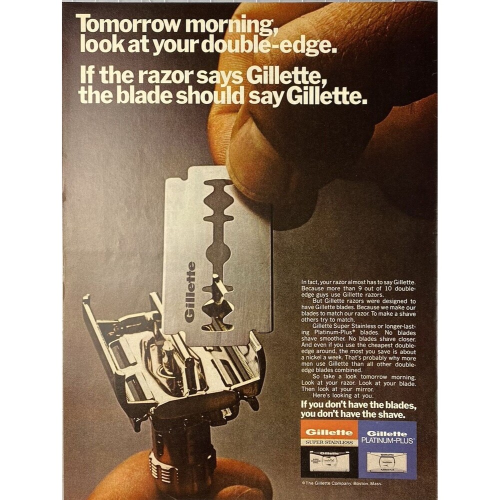 Gillette Stainless or Platinum-Plus Double-Edge Razor Blades Vtg Print Ad 1974